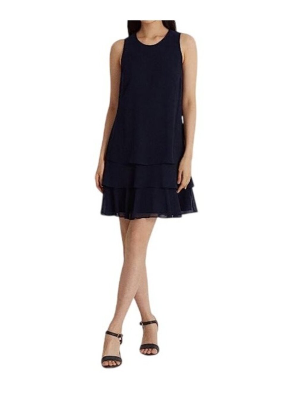 NWT Lauren Ralph Lauren Navy Crinkle Georgette Shift Dress 14 MSRP $135